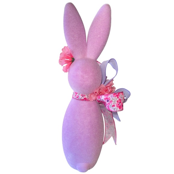 Easter Flocked Velvet Bunny Lavender Pink Bow Floral 16” Tall Easter Decor - Picture 6 of 7